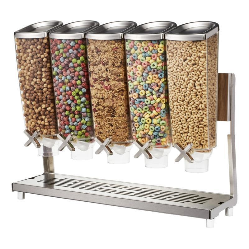 Rosseto Serving Solutions EZ-PRO Dry Food Dispenser, 5-Container, Cereal, Tabletop Stand With Catch Tray, 640 Oz, Clear/Stainless MPN:EZP2883
