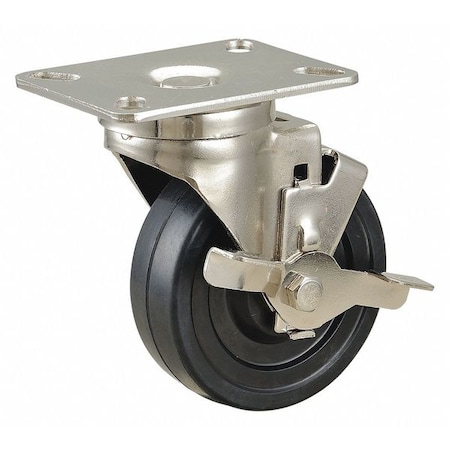 Swivel NSF-Listed Plate Caster w/Brake, Rubber, 4in, 200lb MPN:33H637