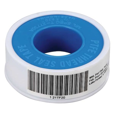 PTFE Thread Sealant Tape, Low Density, 1/2 in W x 43 ft L, White, MPN:21TF20