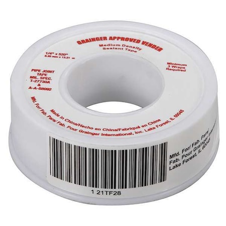 Thread Sealant Tape, 1/4 in W x 43 ft L, 4 mil Thick, White MPN:21TF28