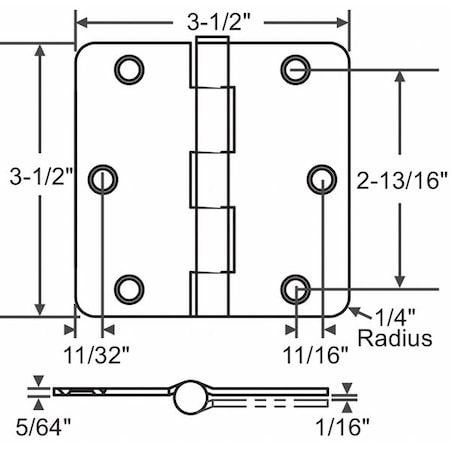 Door and Butt Hinge, Steel, Full Mortise Mounting, 3 1/2 in Leaf W x 3 1/2 in Leaf H, Satin Chrome MPN:56-261SCHX