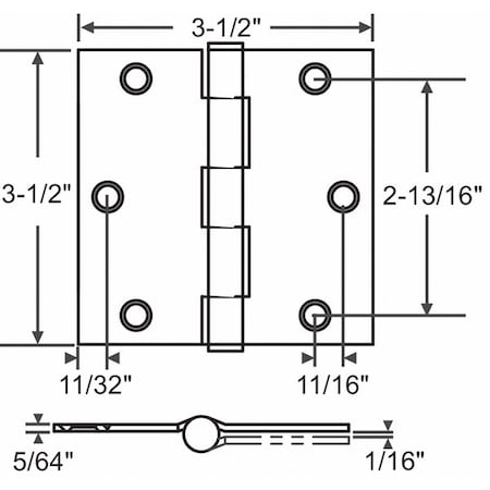 Door and Butt Hinge, Steel, Full Mortise Mounting, 3 1/2 in Leaf W x 3 1/2 in Leaf H, Satin Brass MPN:56-263SBRS