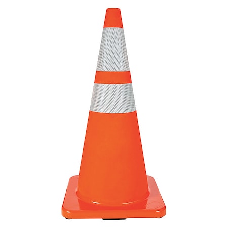 Traffic Cone, Standard Shape, PVC, 28 in H, Orange, 2 Reflective Stripes, Orange Base MPN:6FHA1