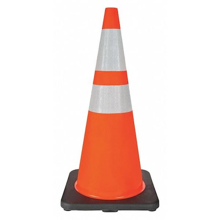 Traffic Cone, Standard Shape, PVC, 28 in H, Orange, 2 Reflective Stripes, Black Base MPN:6FHC3