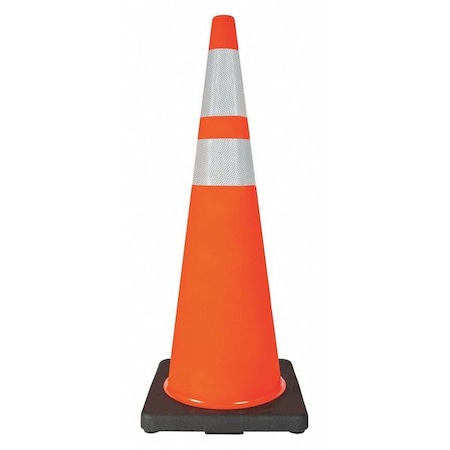 Traffic Cone, Standard Shape, PVC, 36 in H, Orange, 2 Reflective Stripes, Black Base MPN:6FHC4
