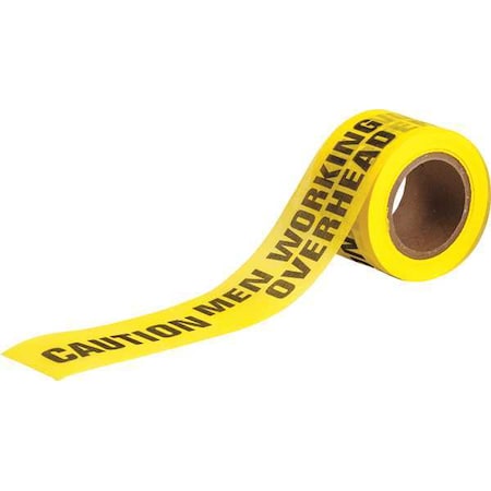Barricade Tape, Caution Men Working Overhead, Yellow, 3 in Wide x 150 ft Length, Wood Fiber MPN:91092