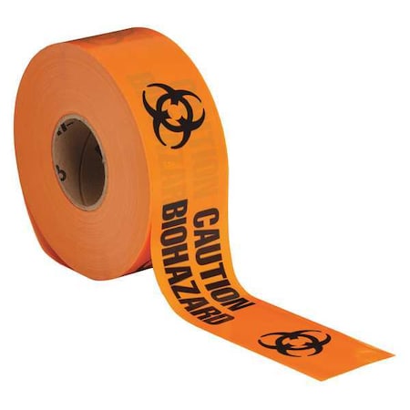 Barricade Tape, Caution Biohazard, Orange, 3 in Wide x 1, 000 ft Length, Polyethylene, 3 mil MPN:91448