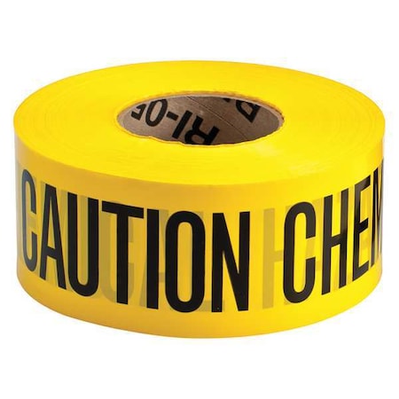 Barricade Tape, Caution Chemical Hazard, Yellow, 3 in Wide x 1, 000 ft Length, Polyethylene, 3 mil MPN:91463