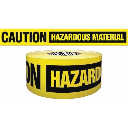 Barricade Tape, Caution Hazardous Material, Yellow, 3 in Wide x 500 ft Length, Polypropylene, 4 mil MPN:B354Y4437-200