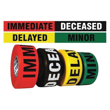 Flagging Tape, Deceased, Delayed, Immediate, Minor, Black, Green, Red, Yellow, 1 1/2 in Wide x MPN:CUMULTI-200