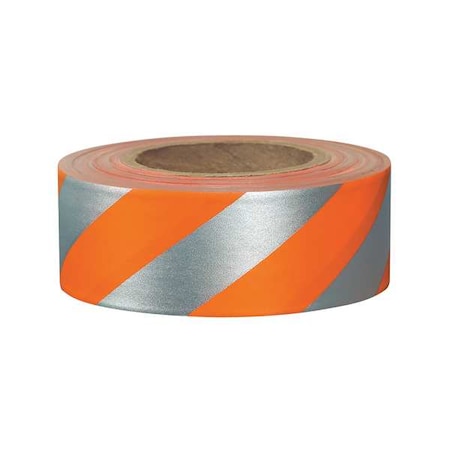 Flagging Tape, No Legend, Fluorescent Orange/Silver, 1 3/16 in Wide x 150 ft Length, Vinyl, 2.5 mil MPN:SOGREF-200
