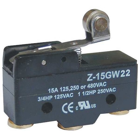 Snap Action Switch, Hinge Roller, Lever Actuator, SPDT, 15 A at 480 V AC Contact Rating MPN:5JEE4