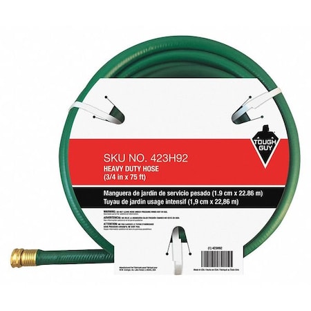 3/4 in ID x 75 ft L Water Hose, PVC Tube, Green, Brass x Brass Fitting MPN:423H92