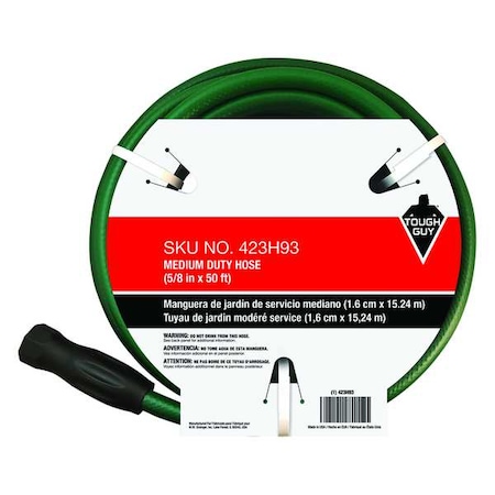 5/8 in ID x 50 ft L Water Hose, PVC Tube, Green, Brass x Brass Fitting MPN:423H93