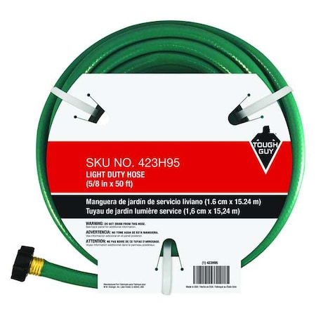 5/8 in ID x 50 ft L Water Hose, PVC Tube, Green, Brass x Brass Fitting MPN:423H95
