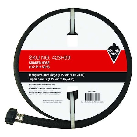 1/2 in ID x 50 ft L Water Hose, Rubber Tube, Black, Plastic x Plastic Fitting MPN:423H99