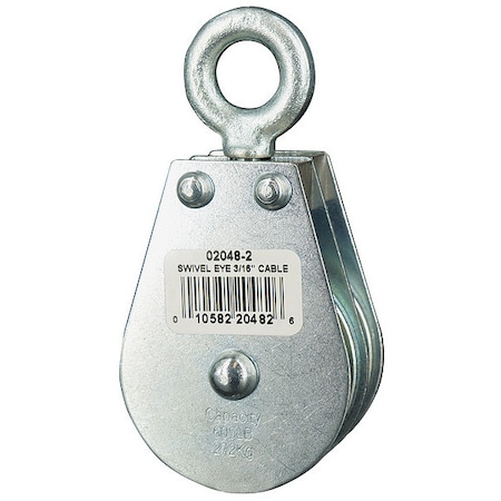 Pulley Block, Wire Rope, 3/16 in Max Cable Size, 600 lb Max Load, Zinc Plated MPN:02048-2-C