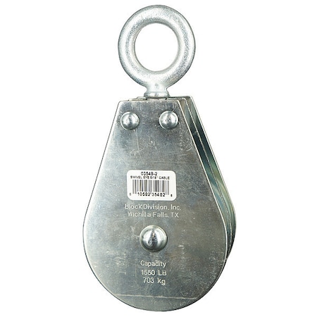 Pulley Block, Wire Rope, 5/16 in Max Cable Size, 1, 550 lb Max Load, Zinc Plated MPN:03548-2-C