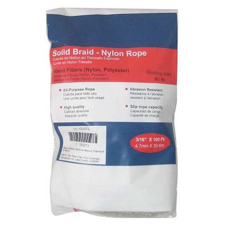 Rope, Nylon, Braided, 3/16 In. dia., 100ft L MPN:12U273