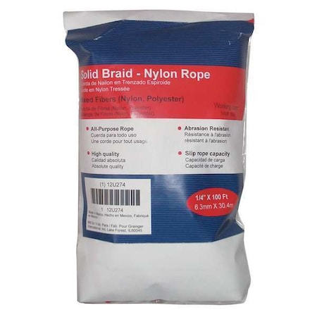 Rope, Nylon, Braided, 1/4 In. dia., 100 ft L MPN:12U274