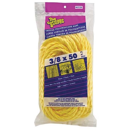 Rope, 50ft, Yllw, 308lb., 3/8 in, Polyprpylne MPN:362YP-WA
