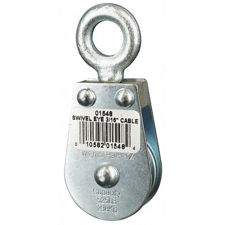 Pulley Block, Wire Rope, 3/16 in Max Cable Size, 525 lb Max Load, Zinc Plated MPN:4JX64