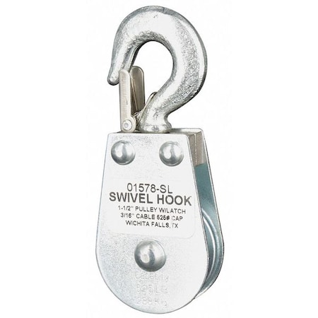 Pulley Block, Wire Rope, 3/16 in Max Cable Size, 525 lb Max Load, Zinc Plated MPN:4JX67