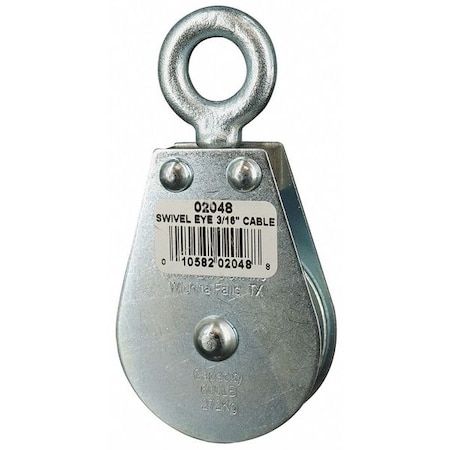 Pulley Block, Wire Rope, 3/16 in Max Cable Size, 600 lb Max Load, Zinc Plated MPN:4JX68