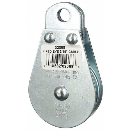 Pulley Block, Wire Rope, 3/16 in Max Cable Size, 600 lb Max Load, Zinc Plated MPN:4JX70