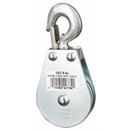 Pulley Block, Wire Rope, 3/16 in Max Cable Size, 600 lb Max Load, Zinc Plated MPN:4JX71