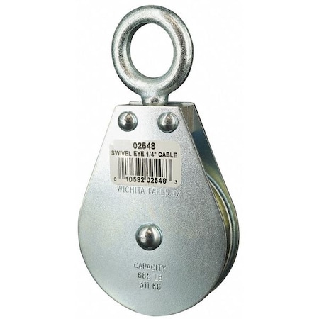 Pulley Block, Wire Rope, 1/4 in Max Cable Size, 685 lb Max Load, Zinc Plated MPN:4JX72