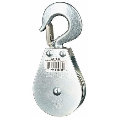 Pulley Block, Wire Rope, 1/4 in Max Cable Size, 685 lb Max Load, Zinc Plated MPN:4JX75
