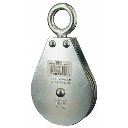 Pulley Block, Wire Rope, 1/4 in Max Cable Size, 800 lb Max Load, Zinc Plated MPN:4JX76