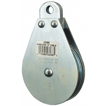 Pulley Block, Wire Rope, 1/4 in Max Cable Size, 800 lb Max Load, Zinc Plated MPN:4JX78