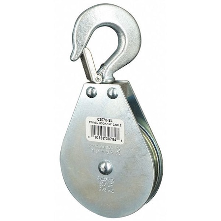 Pulley Block, Wire Rope, 1/4 in Max Cable Size, 800 lb Max Load, Zinc Plated MPN:4JX79