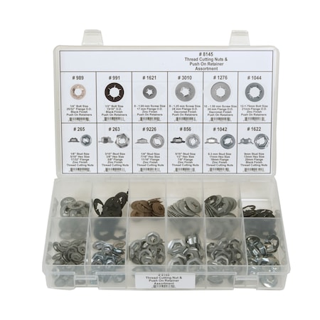 Zinc Plated & Black Finish Thread Cutting Push On Nut Assortment, 245 pc. MPN:8145