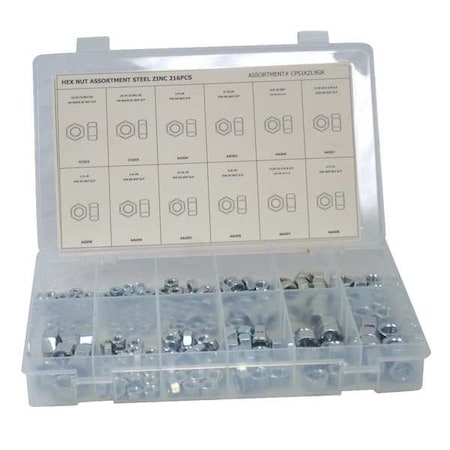 Nut Assortment, Zinc Finish, 12 Sizes MPN:CPS1KZL9GR