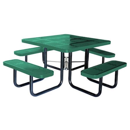 Square Picnic Table, Green, Perforated Metal, 4 Seats, 80 in L, 29 5/8 in H Overall Dot MPN:4HUV2
