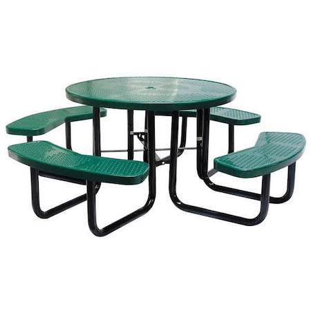 81 in Dia Round Picnic Table, 4 Benches, Perforated Metal, Thermoplastic, Green MPN:4HUV4