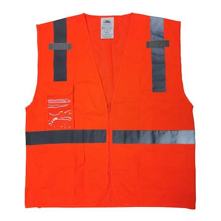 High-Visibility Vest, Polyester, Zipper Closure, 4 Outside Pockets, 2, Orange/Red, Size S MPN:786F90