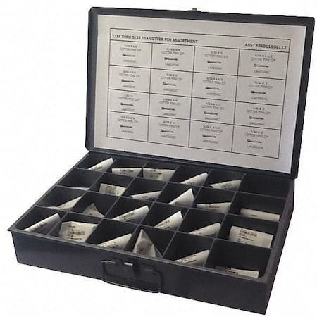 Cotter Pin Assortment, Steel, Zinc Plated, 1600 Pcs MPN:JBDL16S6112