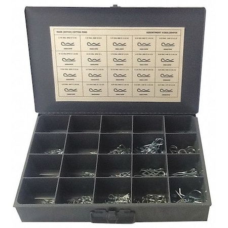 Cotter Pin Assortment, Steel, Zinc Plated, 1100 Pcs MPN:JBDL20HPIN