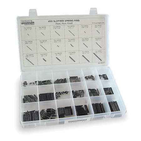 Slotted Spring Pin Assortment, Steel, Plain, 450 Pcs MPN:SLPIN062125