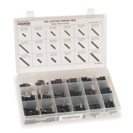 Slotted Spring Pin Assortment, Steel, Plain, 405 Pcs MPN:SLPIN156219