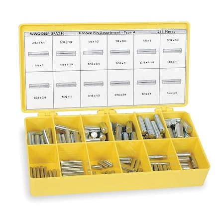 Grooved Pin Assortment, Steel, Zinc Plated, 216 Pcs MPN:WWG-DISP-GP216A