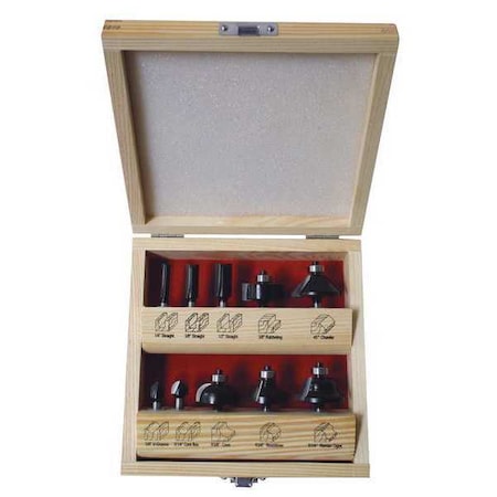 Router Bit Set, 10 Pc, Carbide Tipped MPN:16Y553