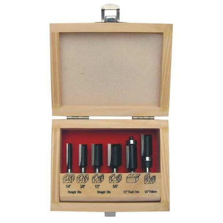 Router Bit Set, Straight/Trim, 1/4S, 6 Pc MPN:16Y599