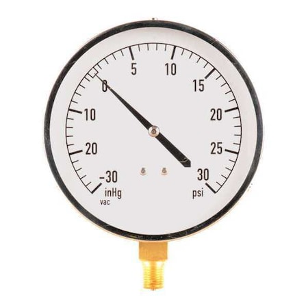 Industrial Compound Gauge, 30 to 0 to 30 psi, 4 1/2 in Dial, 1/4 in NPT, Bottom Location MPN:18C741
