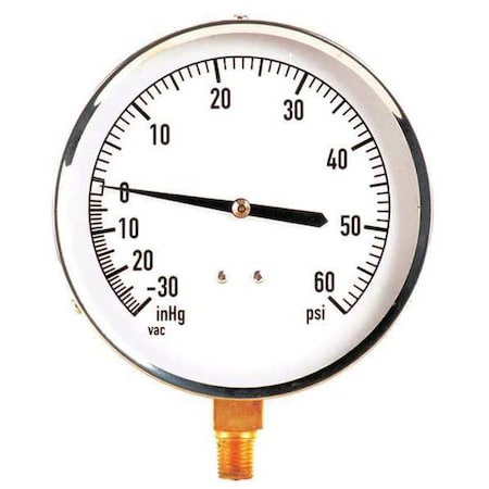 Industrial Compound Gauge, 30 to 0 to 60 psi, 4 1/2 in Dial, 1/4 in NPT, Bottom Location MPN:18C742