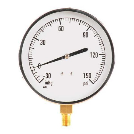 Industrial Compound Gauge, 30 to 0 to 150 psi, 4 1/2 in Dial, 1/4 in NPT, Bottom Location MPN:18C744